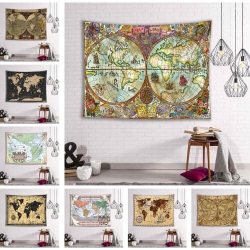 LEVOO Map Wall Tapestry Vintage World Map Compass Retro Painting Wall Hanging Home Decoration Accessories Yoga Mat Rug