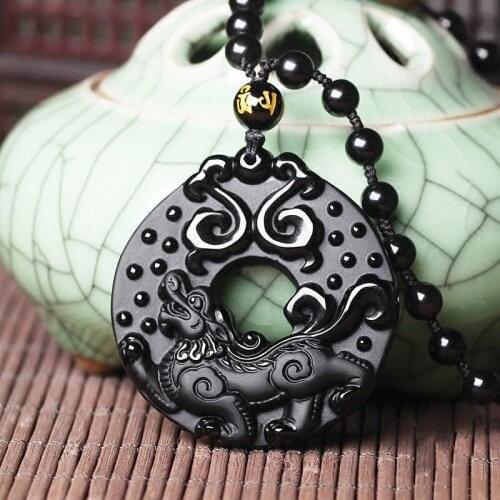 Natural Obsidian Brave Troops Safety buckle Pendant Jewelry Fine Jewelry Kirin Antique Amulet Transfer Crystal Pendant Jewelry