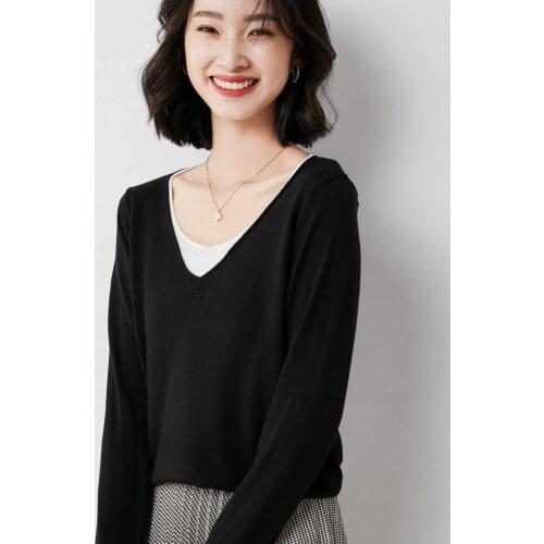 New Western Style Contrast Color Fake Two-Piece V-neck Sweater Female Korean Version of Wild Thin Wool Long-Sleeved Top 60113