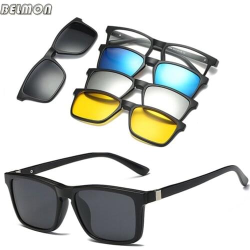 Belmon Spectacle Frame Men Women With 4 Piece Clip On Polarized Sunglasses Magnetic Glasses Male Female Myopia Optical RS479