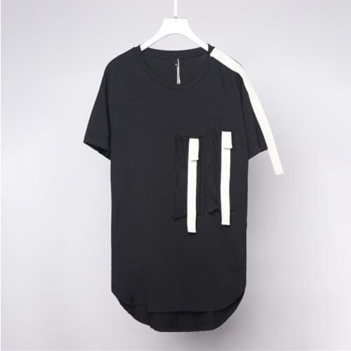 Original Design dark style round neck Japanese collision color ribbon stitching asymmetrical casual short-sleeved t-shirt trend