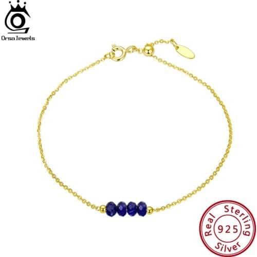 ORSA JEWELS Real 925 Natural Lapis Lazuli Bracelet With 18K Gold Sterling Silver Chain Dating Collocation Fine Jewelry SB44-L