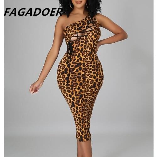 Fagadoer Women Sexy Leopard Dress One Shoulder Skinny Elegant Midi Dresses 2021 Hollow Out Nightclub Party Vestidos Outfits