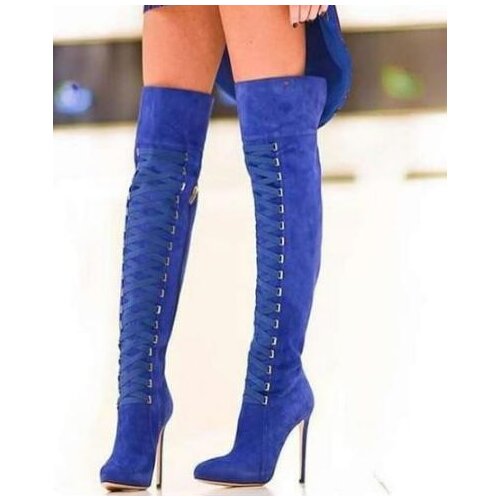 Drop Shipping New Woman Fashion Blue Black Suede Cross Lace Up Thigh High Boots Pointed Toe Thin High Slim Long Boots Lady
