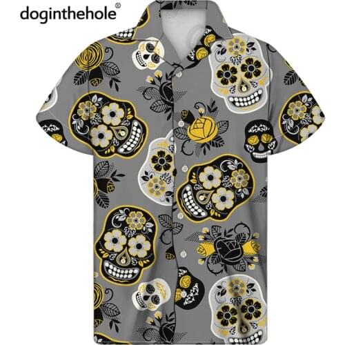 Doginthehole Funny Sugar Skull Pattern Mens Casual Short Sleeve Breathable Summer Beach Shirt Cuban Collar Blouse For Male