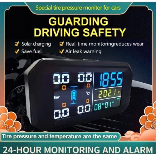 TPMS Sensor Solar Power Tire Pressure Monitoring Security Protection Systems Digital LCD Display with Clock Auto Security Alarm
