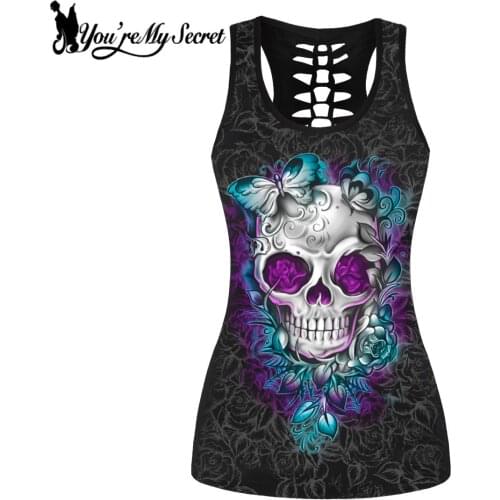 [You're My Secret] Summer Tank Top For Women Gothic Skull Vest Hollow Out Floral Punk Female Vest Slim Fitness Clothing