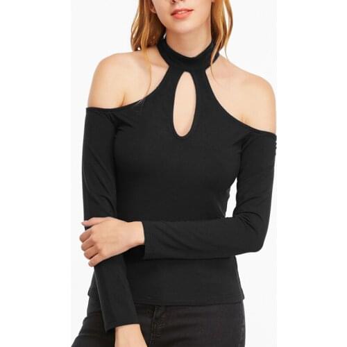 Women Sexy Halter Long Sleeve Tops With Hollow out Front Cold-shoulder Close-Cut Bodycon T-shirt