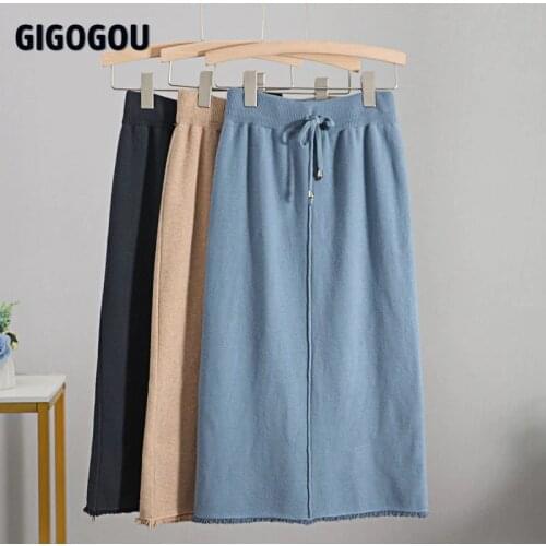 GIGOGOU Autumn Winter Knit Women Skirt Drawstring Midi Skirts Autumn Winter Long Maxi Bodycon Skirt Pencil Sweater Skirt