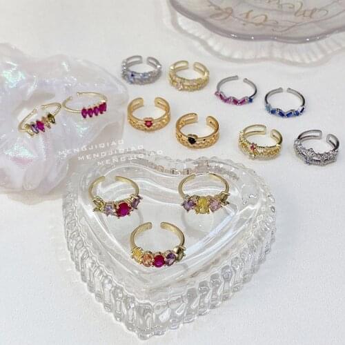 MENGJIQIAO Korean Sweet Delicate Colorful Zircon Crystal Adjustable Rings For Women Girls 2 Layers Finger Knuckle Rings Jewelry