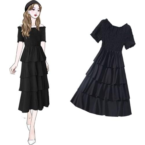 Gothic Punk Off Shoulder High Waist Black Long Dress Summer Party Polka Harajuku Vestidos Elegant Big Size 2XL Midi Cake Dresses