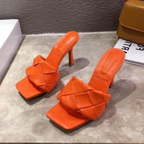 2021 New Fashion Square Toe Weave High Heels Shoes Woman Slippers PU Leather Ladies Street Beach Sandals Slides Shoes Size 41