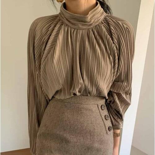 2021 Spring Fashion Blouse Autumn Loose Lantern Sleeve Shirt Women Chic Solid Color Turtleneck Pleated Tops Lady Blusas 12639