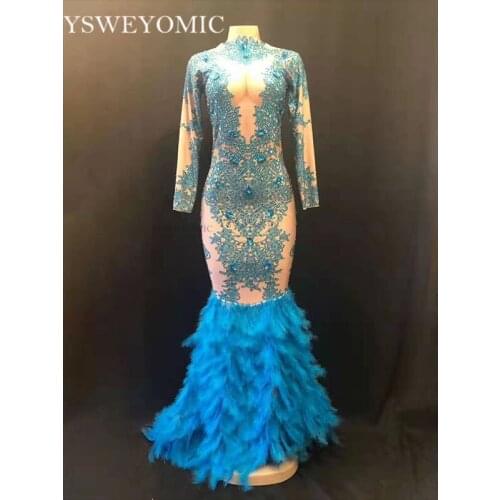 AB Rhinestones Sparkly Blue Feather Dress Fashion Nude Big Stretch Birthday Celebrate Female Singer Outfit Party Long Dress