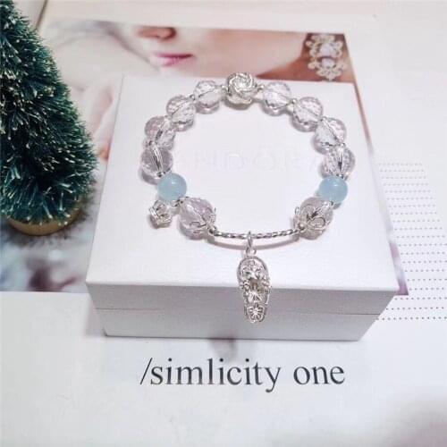 White Crystal Aquamarine Natural Stone Bracelets & Bangles Crystal Beads Bracelets 925 Silver Crown for Women Handmade Jewellery