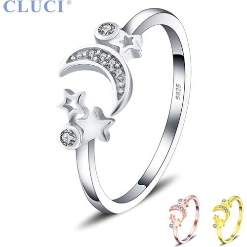 CLUCI Adjustable Women Silver 925 Ring Jewelry SImple Fashion Star and Moon Open Rings DR2001SB