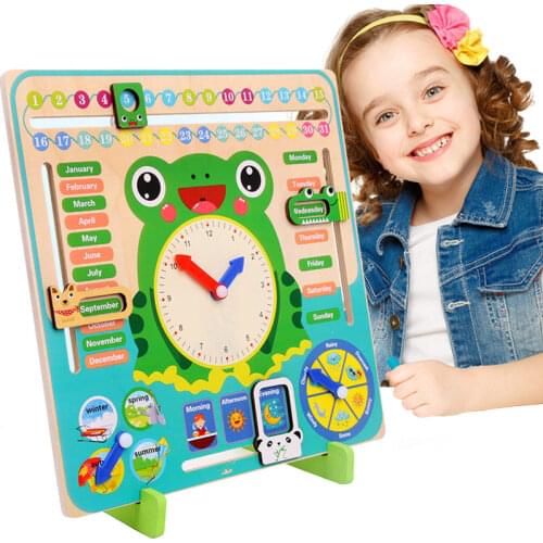 Montessori Wooden Clock Toy Childrens Time/Date/Week/Month/Weather/Time/ Season Cognitive Early Education Clock Educational Toy
