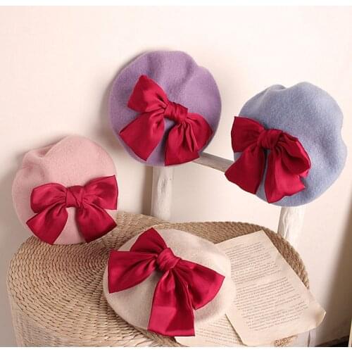 Infant Kids Baby Girls Berets Solid Candy Color Big Bowknot Hats Fashion Girls Daily Party Wear Retro Caps Accessories for 2-6T