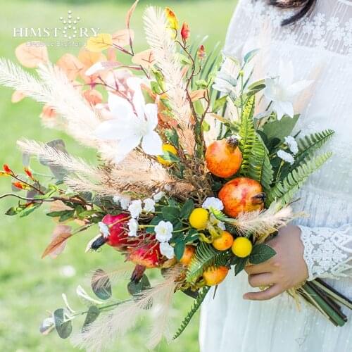 HIMSTORY Retro European Mix Color Flower Fruit Wedding Bouquets Bride Vintage Silk Flower Bridal Holder Bouquet
