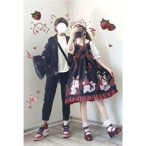 Strawberry Rabbit Japan Style Sweet Womens Lolita JSK Dress + Haori Trench Sleeveless Dress Cute Bows Trim One Piece Couples