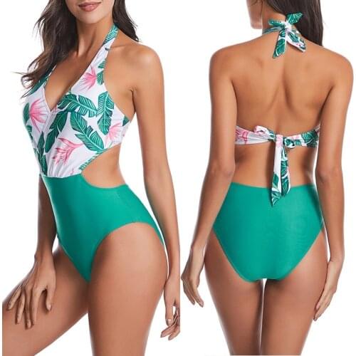 Halter Swimsuit Women 2021 Sexy Backless Swimwear Summer Leaf Print Patchwork Bathing Suits Beach Swim Bikini One Piece Monokini