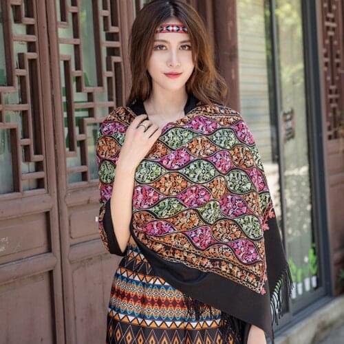 Oversize Women New Black Embroider Flower Pashmina Cashmere Scarf Winter Warm Fine Tassels Scarf Shawl Fashion Shawl Scarves
