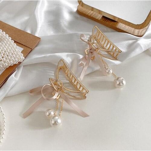 Hollow Out Bow Pearl Tassel Hair Pins Women Girl Vintage Metal Silver Color Harajuku Hair Clip Jewelry Accessories New Geometric