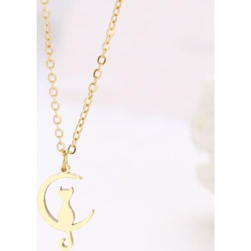 CACANA Stainless Steel Necklace For Women Lovers Little Cat Rewarding The Moon Gold Necklaces Engagement Jewelry Gift