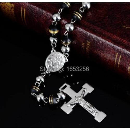 Women Men Gold balck beads Stainless Steel cross crucifix Rosary VIRGIN MARY,JESUS Pendant Necklace