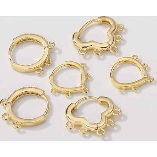 14mm Copper 14K Gold Zircon Hoop Heart Clover Back Ear DIY Drop Earring 2PCS/Lot For Women Bulk Items Wholesale Lots Nickel