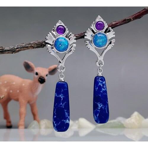 Bohemian Style Natural Lapis Lazuli Gemstone Dangle Drop Earrings Bride Wedding Engagement Amethyst Opal Earrings for Women