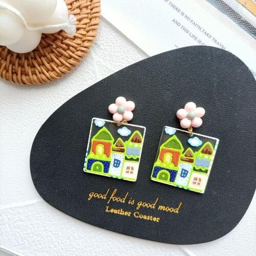 Square Art Graffiti Earings Fashion Jewelry 2021 Cute House Flowers Child Gift Korea Acrylic Earrings for Women Trendy Aesthetic