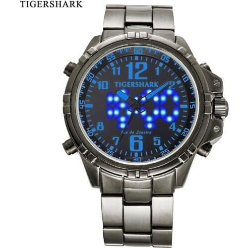 TIGERSHARK Fashion Sport Watch Men LED Digital Watches Dual Display Quartz Watch 30M Waterproof Blue Relogio Masculino