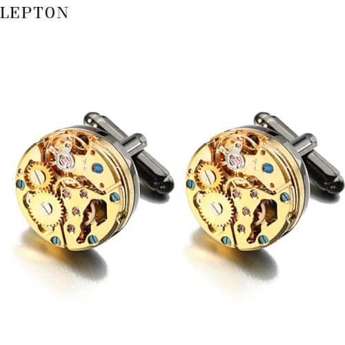 Lepton Watch Movement Cufflinks for immovable Gold Color Steampunk Gear Watch Mechanism Cuff links for Mens Relojes gemelos