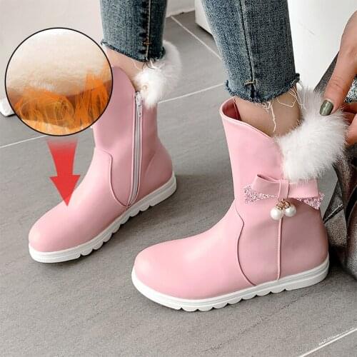 Plus Size 34-40 New Fashion Winter Woman Boots Rubber Mid Calf PU Leather Boot Women Plush Buckle Lace Up Beautiful Boots Female