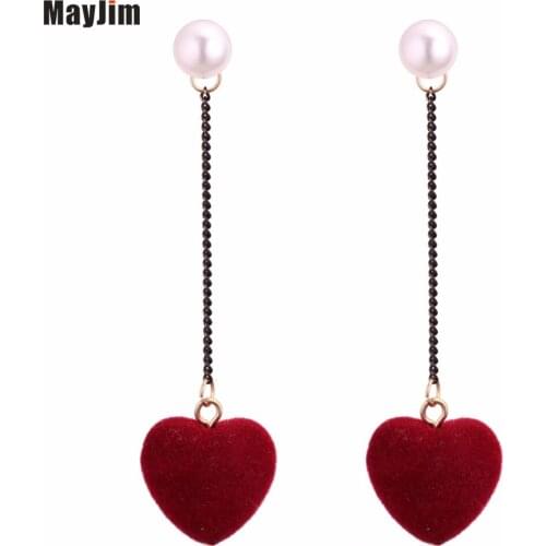 MayJim 2018New Fashion velvet peach heart long pearl earrings Heart Women Pearl earrings Jewelry Stud Earrings Christmas Gif
