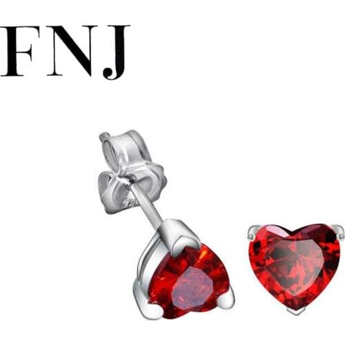 FNJ Heart Earrings 925 Silver Jewelry Original Pure S925 Sterling Silver Stud Earring for Women White White Zircon Stone