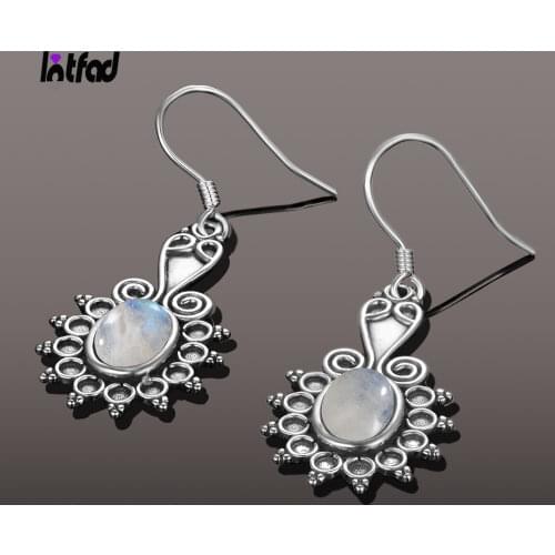 Ethnic Flower Oval Moonstone Earrings 925 Sterling Silver Drop Earrings Womens New Style Party Anniversary Gift Jewelry