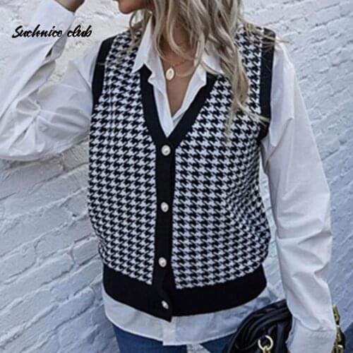 Winter Women Cardigan Sweater Vest V Neck Sleeveless Black Houndstooth Sweaters Autumn 2021 Ladies Fashion Jumper Knitted Jacket