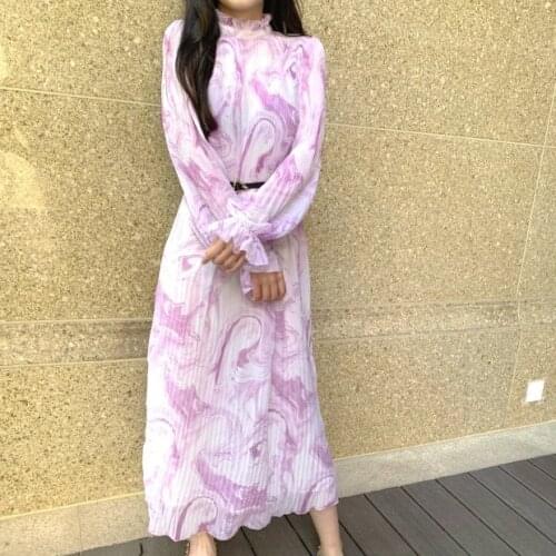 Women Dress 2021 Spring and Summer New Pleated Purple Loose Ladies Long Slim Dress