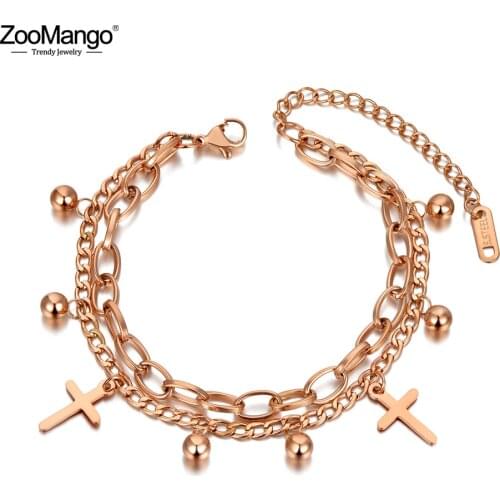 ZooMango Titanium Stainless Steel Bohemia Beach Double Layer Bracelets For Women Girl Trendy Cross & Ball Charm Bracelet ZB20136