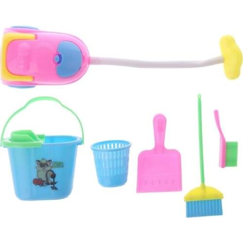 1 Set Doll Cleaning Tool Miniature Toys Furniture Dollhouse House Game Kids Children Household Dust Cleaner Bucket Plastic Broom