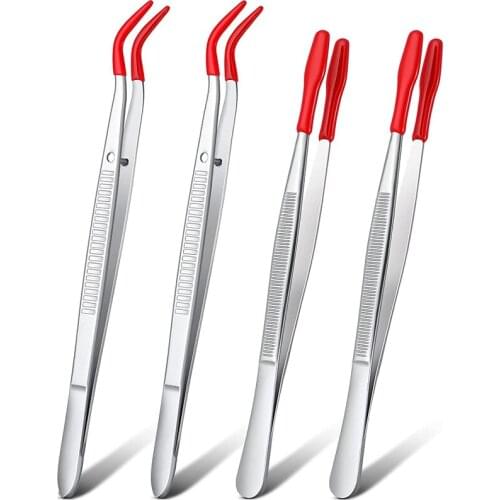 2Pcs Elbow and 2Pcs Flat Tip Tweezers Coated Laboratory Hobby Jewelry Craft Tools Stainless Steel Tweezers