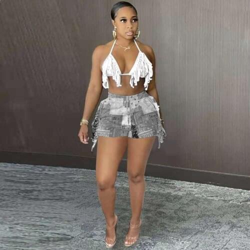 TNNAOFF Bandana Print Tassel Biker Shorts for Women Festival Outfits Summer Sexy Y2k Clubwear Lounge Wear Sports Pocket Shorts