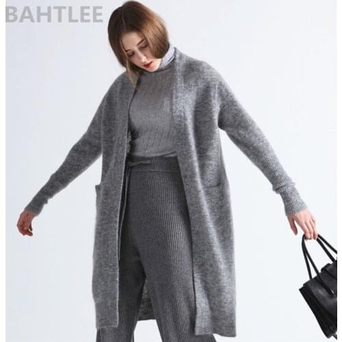 BAHTLEE Spring Autumn Womens Mohair Cardigan Sweater With Pocket V-Neck Knitted Solid Long Sleeves Wool Coat Casual Lazy Style