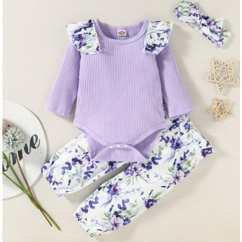 Baby Floral Print Clothes Set, Girls Long Sleeve O-neck Casual Ribbed Romper+Trousers+Bow-knot Headband Spring Autumn
