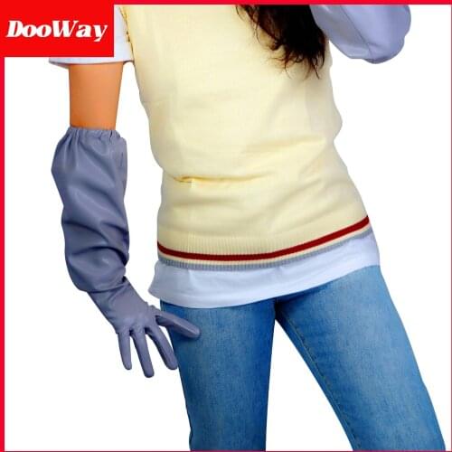 DooWay Women Long Evening Gloves Latex Faux Leather Oversize Large Sleeve Elastic Trimmed Elbow Length Grey