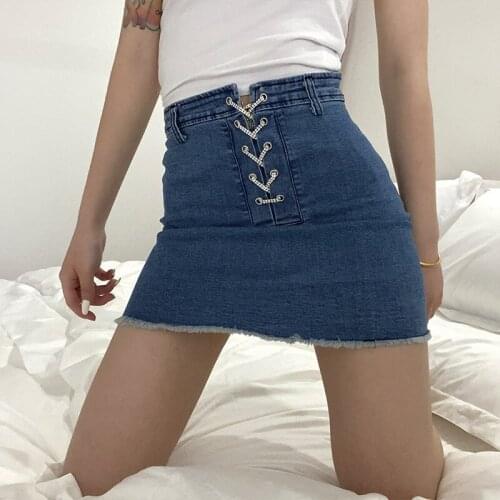 Denim skirt female summer 2020 new European and American ins chain straps high waist bag hip raw skirt