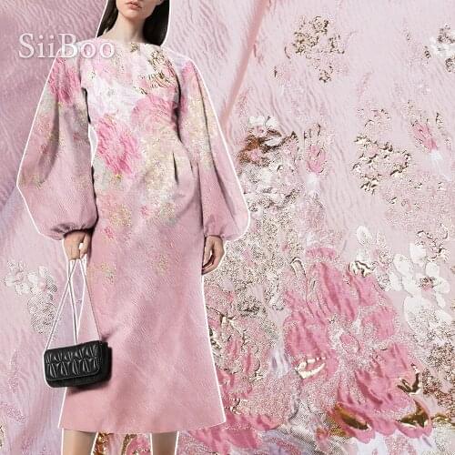 European luxurious floral positional printed pink color metallic jacquard brocade fabric for women dress coat tissu telas SP6021