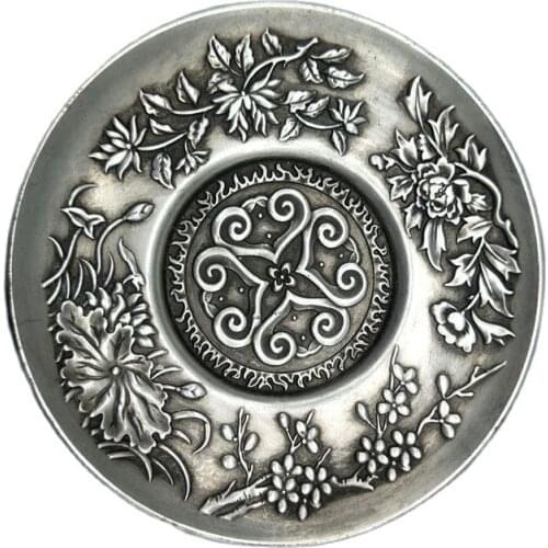 China old Carved Tibetan silver writing-brush washer Chinese Four Seasons Ruyi Dish plates
